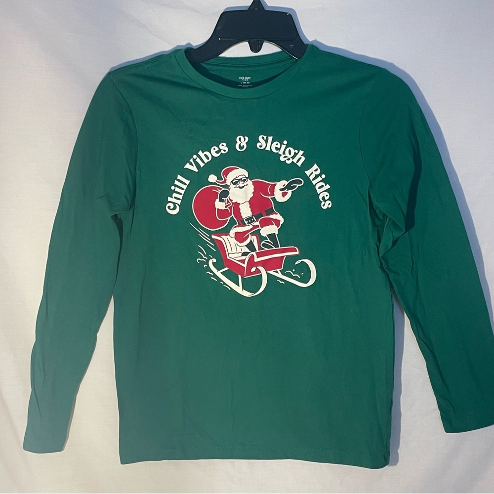 Holiday times Kids Christmas Green Shirt w/ Santa Print size L(10-12)